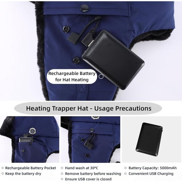 Men Navy Blue Heated Trapper Hat Faux Fur Ushanka with Rechargeable LED Light - Picture 4 of 7